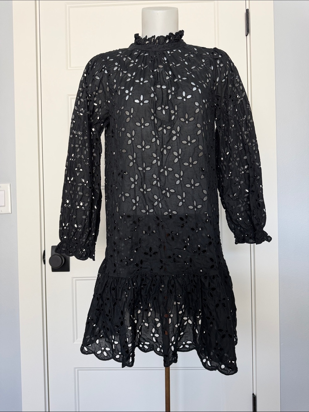 J. Crew Eyelet Sheer Long Sleeve Ruffle Mock Neck Mini Dress in Sz Medium